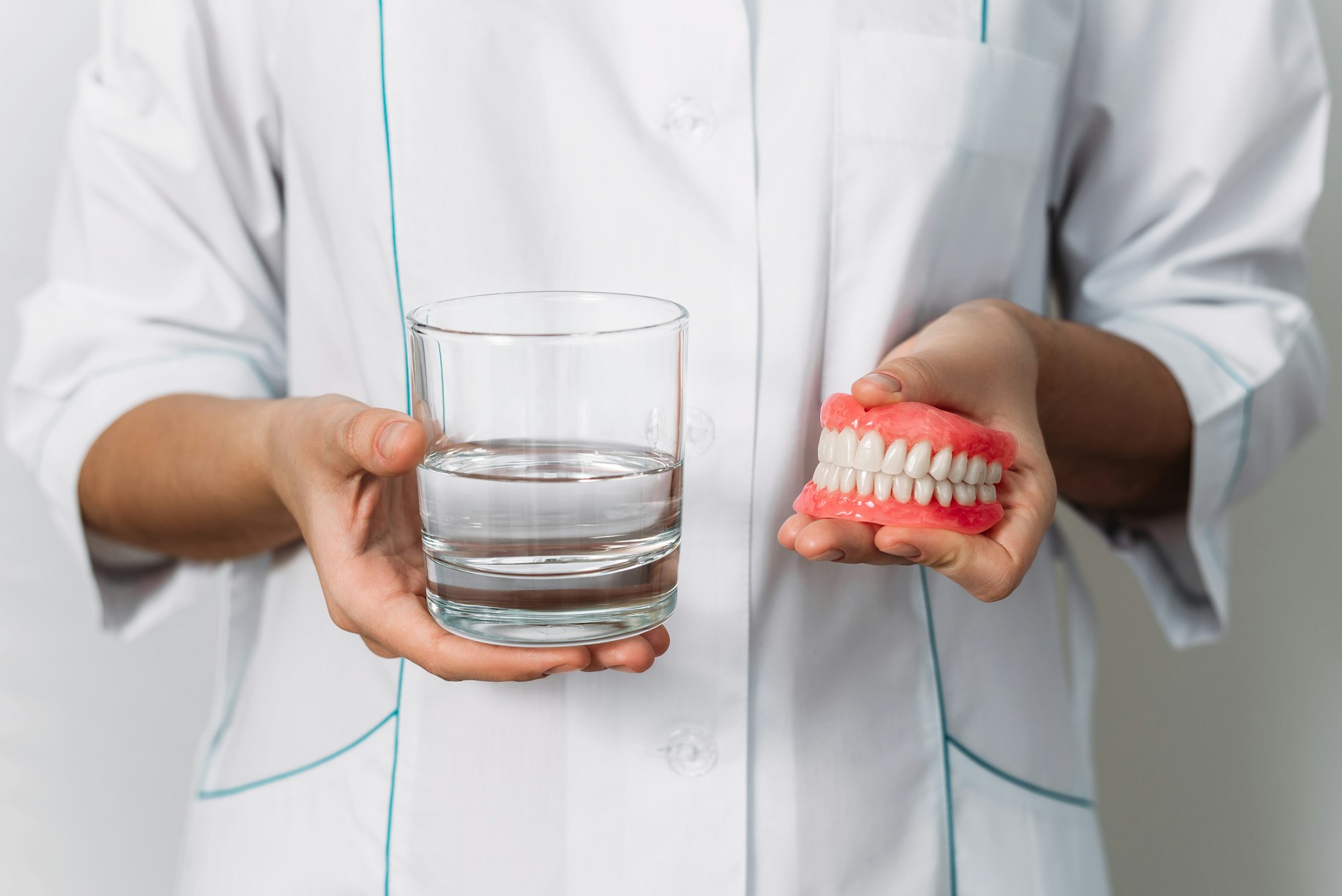 Front view of complete denture. Dentistry conceptual photo. Prosthetic dentistry. False teeth